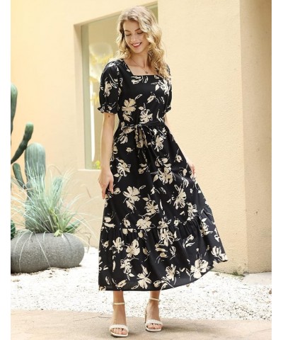 Women's 2023 Summer Casual Square Neck Floral Dress Ruffle Puff Short Sleeve Belted Maxi Dress with Pockets E16 E16 as Pictur...