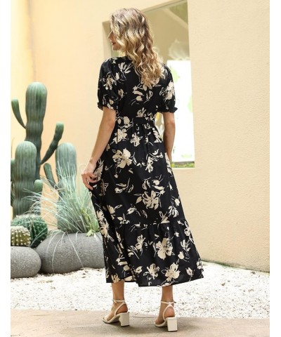 Women's 2023 Summer Casual Square Neck Floral Dress Ruffle Puff Short Sleeve Belted Maxi Dress with Pockets E16 E16 as Pictur...