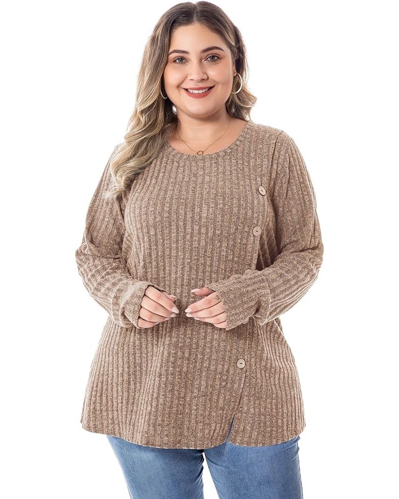 Women Plus Size Sweater Casual Plus Size Tops Long Sleeve Crewneck Loose Tunic Tops for Leggings Buttons Front V2-khaki $14.8...