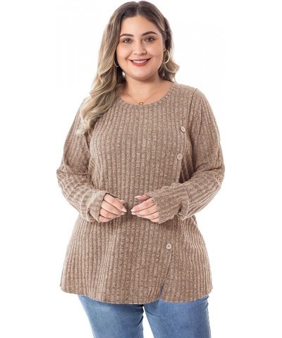 Women Plus Size Sweater Casual Plus Size Tops Long Sleeve Crewneck Loose Tunic Tops for Leggings Buttons Front V2-khaki $14.8...