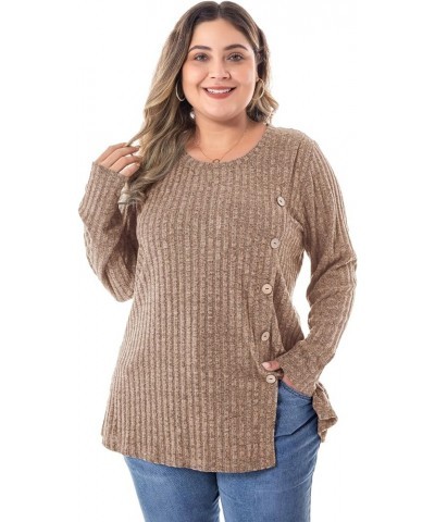 Women Plus Size Sweater Casual Plus Size Tops Long Sleeve Crewneck Loose Tunic Tops for Leggings Buttons Front V2-khaki $14.8...