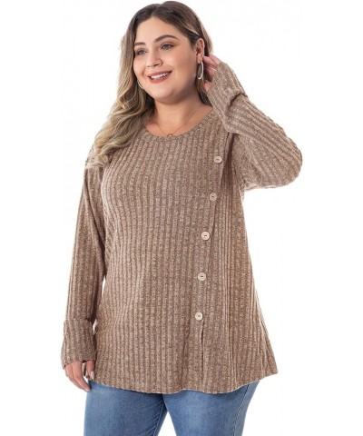 Women Plus Size Sweater Casual Plus Size Tops Long Sleeve Crewneck Loose Tunic Tops for Leggings Buttons Front V2-khaki $14.8...