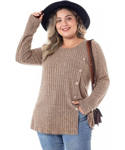 Women Plus Size Sweater Casual Plus Size Tops Long Sleeve Crewneck Loose Tunic Tops for Leggings Buttons Front V2-khaki $14.8...