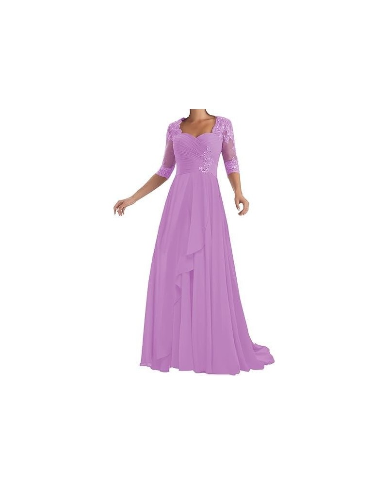 Long Mother of The Bride Dresses with Sleeve Chiffon Lace Applique A-Line Formal Evening Dresses Wedding Guest Lilac $45.37 D...