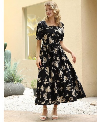 Women's 2023 Summer Casual Square Neck Floral Dress Ruffle Puff Short Sleeve Belted Maxi Dress with Pockets E16 E16 as Pictur...