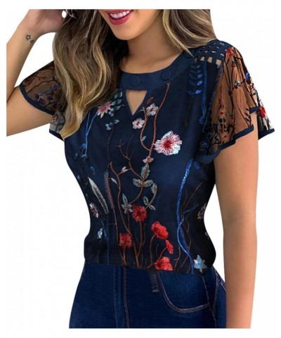 Womens Chiffon Blouse Embroidered Floral Tops Ruffle Sleeve Tees Loose Casual Shirt Vintage Round Neck T Shirts Blue $9.34 Ot...