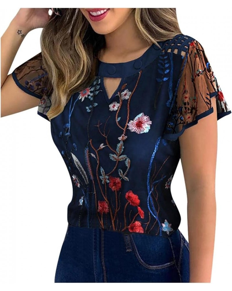 Womens Chiffon Blouse Embroidered Floral Tops Ruffle Sleeve Tees Loose Casual Shirt Vintage Round Neck T Shirts Blue $9.34 Ot...