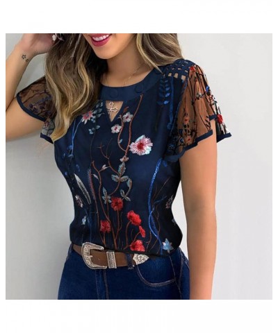 Womens Chiffon Blouse Embroidered Floral Tops Ruffle Sleeve Tees Loose Casual Shirt Vintage Round Neck T Shirts Blue $9.34 Ot...