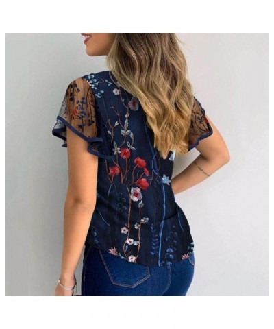 Womens Chiffon Blouse Embroidered Floral Tops Ruffle Sleeve Tees Loose Casual Shirt Vintage Round Neck T Shirts Blue $9.34 Ot...