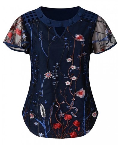 Womens Chiffon Blouse Embroidered Floral Tops Ruffle Sleeve Tees Loose Casual Shirt Vintage Round Neck T Shirts Blue $9.34 Ot...