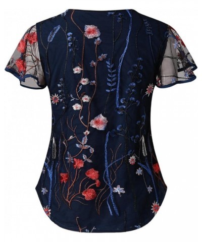 Womens Chiffon Blouse Embroidered Floral Tops Ruffle Sleeve Tees Loose Casual Shirt Vintage Round Neck T Shirts Blue $9.34 Ot...