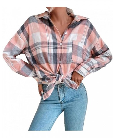 Women's Button up Flannel Shirts Long Sleeve Collared Plaid Shacket Work Blouses Casual Tops with Pocket for Fall Pink 3 $10....