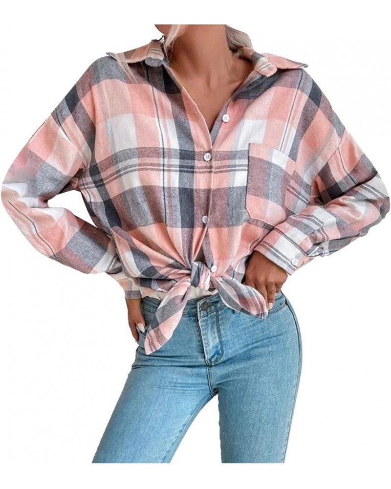 Women's Button up Flannel Shirts Long Sleeve Collared Plaid Shacket Work Blouses Casual Tops with Pocket for Fall Pink 3 $10....