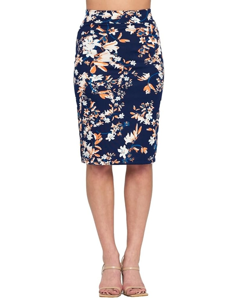 Women's High Waist Knit Stretch Multi Print Office Pencil Skirt (S-3XL) -Made in USA Navy Orange $10.50 Skirts