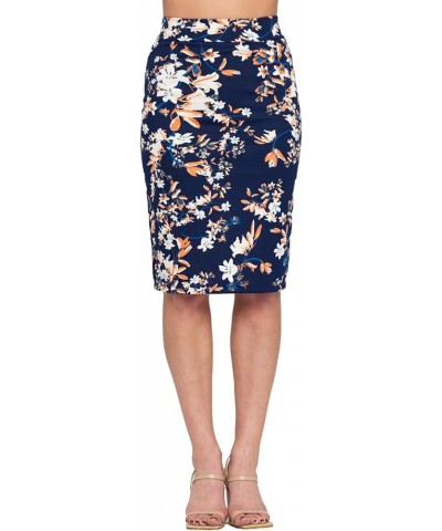 Women's High Waist Knit Stretch Multi Print Office Pencil Skirt (S-3XL) -Made in USA Navy Orange $10.50 Skirts