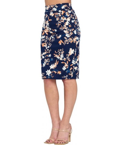 Women's High Waist Knit Stretch Multi Print Office Pencil Skirt (S-3XL) -Made in USA Navy Orange $10.50 Skirts