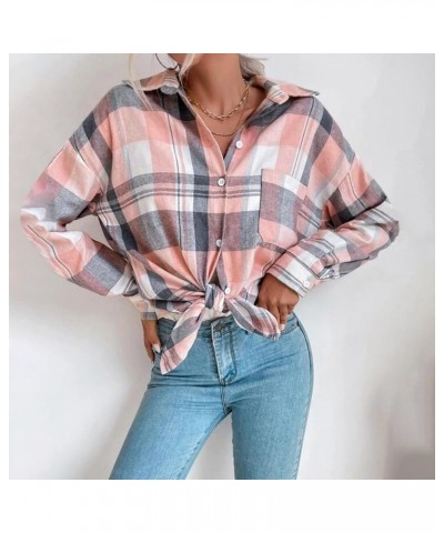 Women's Button up Flannel Shirts Long Sleeve Collared Plaid Shacket Work Blouses Casual Tops with Pocket for Fall Pink 3 $10....