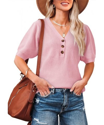 Women's Short Sleeve Pullover Sweater V Neck Button Down Shirt Puff Sleeves Lightweight Summer Tops Pink $19.58 Sweaters