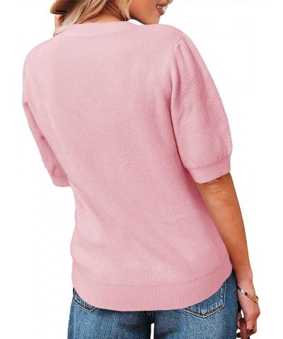 Women's Short Sleeve Pullover Sweater V Neck Button Down Shirt Puff Sleeves Lightweight Summer Tops Pink $19.58 Sweaters