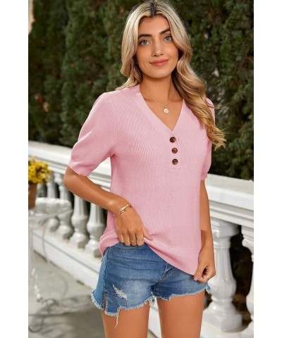 Women's Short Sleeve Pullover Sweater V Neck Button Down Shirt Puff Sleeves Lightweight Summer Tops Pink $19.58 Sweaters