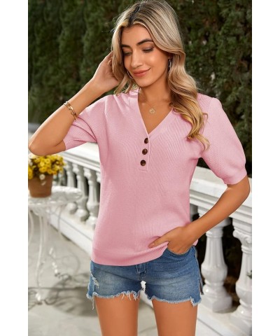 Women's Short Sleeve Pullover Sweater V Neck Button Down Shirt Puff Sleeves Lightweight Summer Tops Pink $19.58 Sweaters