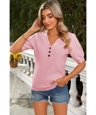 Women's Short Sleeve Pullover Sweater V Neck Button Down Shirt Puff Sleeves Lightweight Summer Tops Pink $19.58 Sweaters