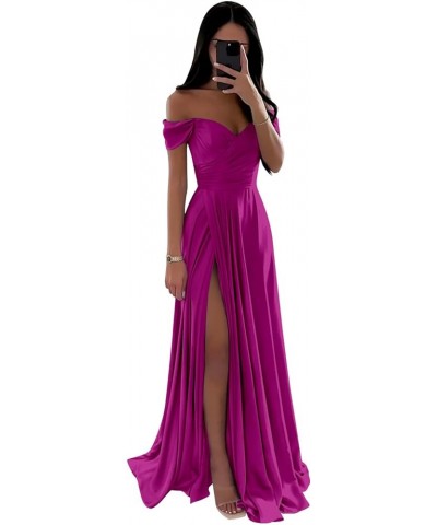 Women's Off The Shoulder Satin Bridesmaid Dresses for Wedding Long A Line Formal Evening Gown with Slit Hot Pink $35.10 Dresses