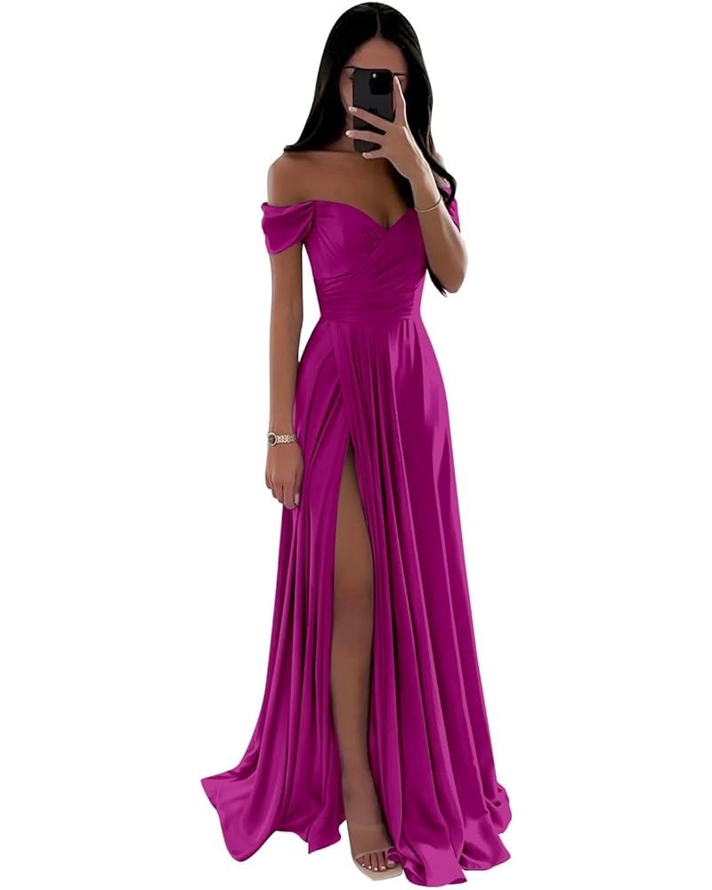 Women's Off The Shoulder Satin Bridesmaid Dresses for Wedding Long A Line Formal Evening Gown with Slit Hot Pink $35.10 Dresses