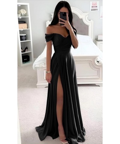 Women's Off The Shoulder Satin Bridesmaid Dresses for Wedding Long A Line Formal Evening Gown with Slit Hot Pink $35.10 Dresses