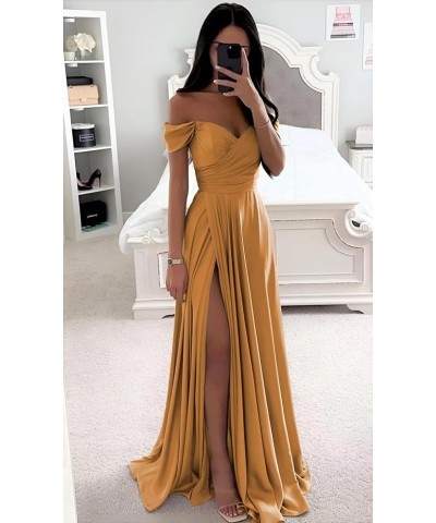 Women's Off The Shoulder Satin Bridesmaid Dresses for Wedding Long A Line Formal Evening Gown with Slit Hot Pink $35.10 Dresses