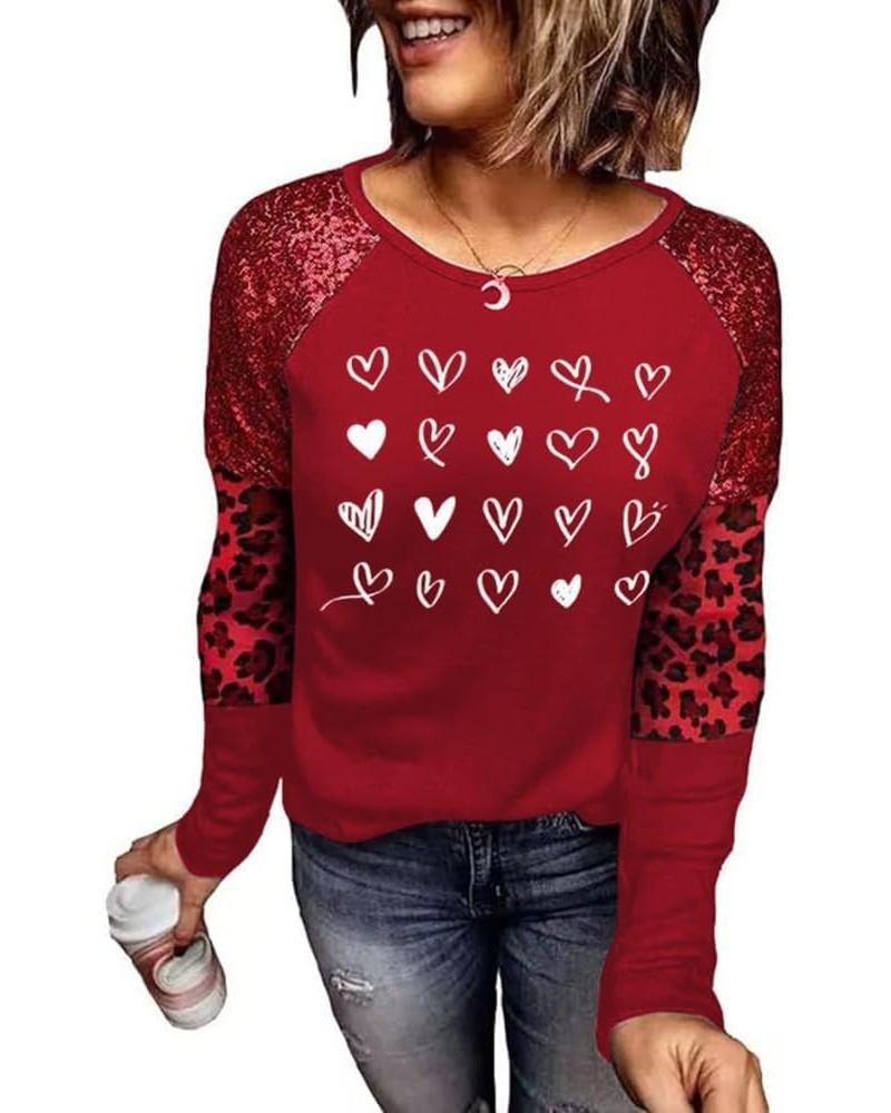 Women's Valentine's Day T-Shirt Leopard Stripe Splicing Sleeve Raglans Shirt Love Heart Printed Buffalo Plaid Graphic Tees S-...