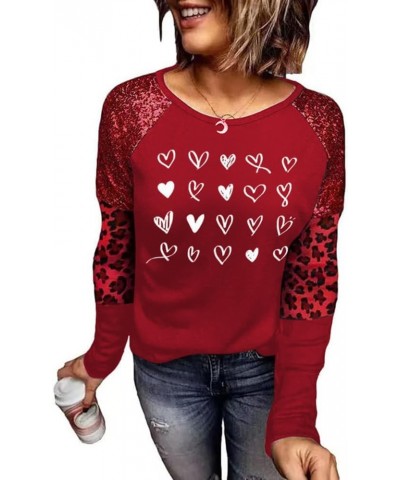 Women's Valentine's Day T-Shirt Leopard Stripe Splicing Sleeve Raglans Shirt Love Heart Printed Buffalo Plaid Graphic Tees S-...