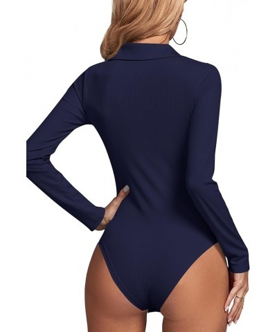 Women's Rib Knit Collar Deep V Neck Ruched Buttons Long Sleeve Bodysuit Leotard Top Navy $18.54 Bodysuits