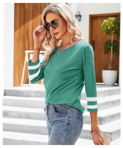 Women's 3/4 Sleeve T-Shirt Round Neck Striped Tunic Tops Loose Casual Blouse Light Green $15.89 Tops