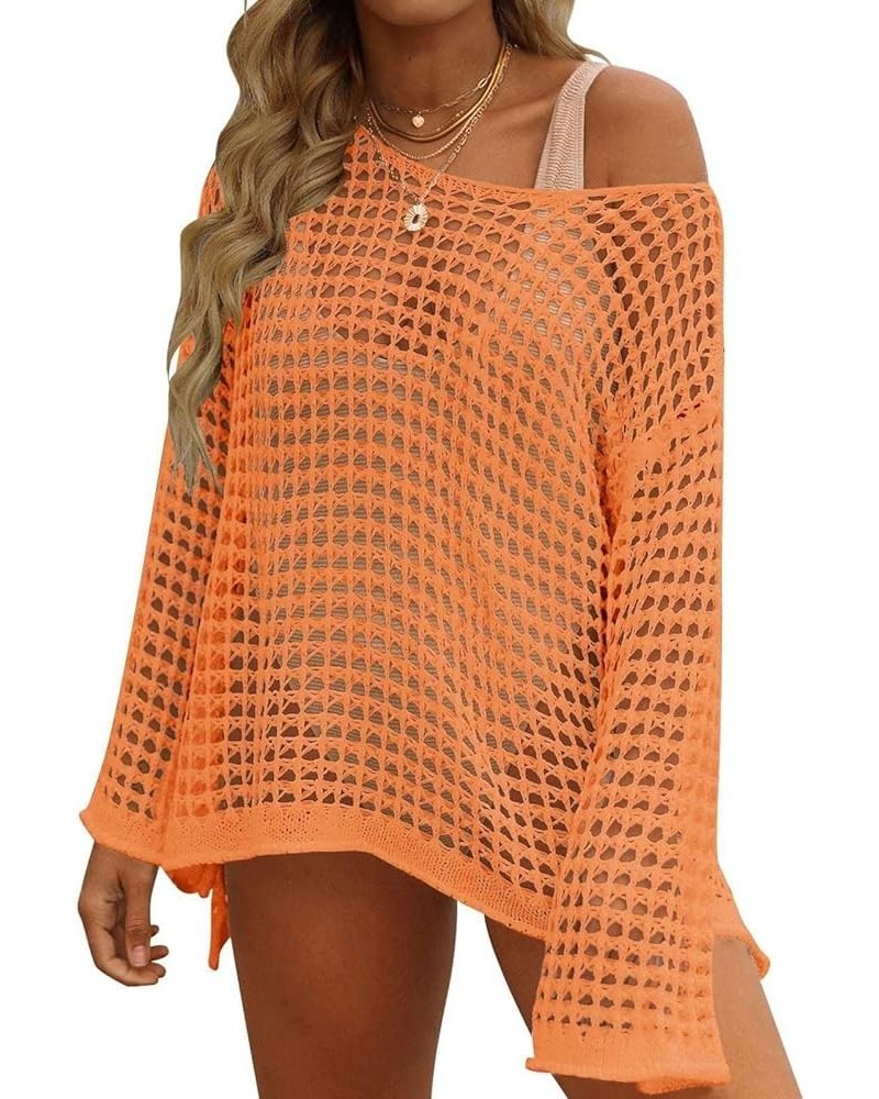 Women Crochet Cover Ups Long Sleeve Bathing Suit Hollow Out Knit Swimsuit Casual Beach Bikini Mesh Tunic Tops A Orange $16.17...