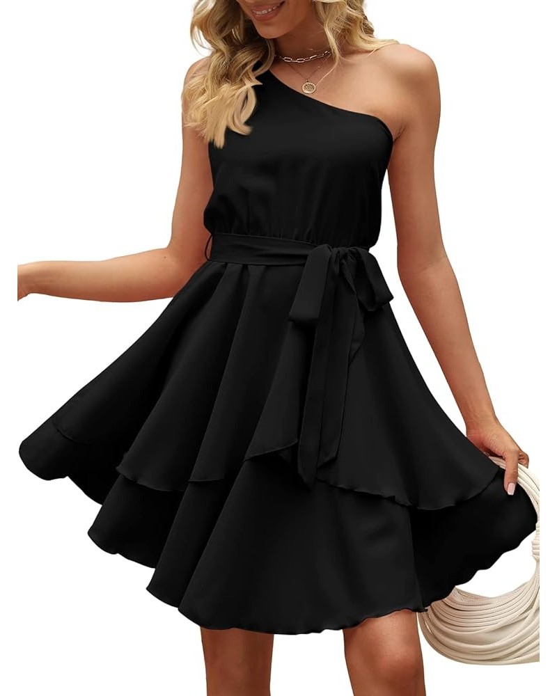 Women's One Shoulder Ruffle Flowy Swing Short Dress 2023 Summer Tie Waist Wrap Tiered Mini Dresses Black $12.40 Dresses