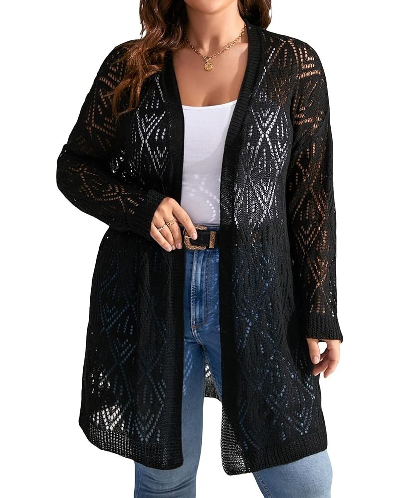 Women's Plus Size Long Sleeve Hollow Out Open Front Pointelle Knit Cardigan Sweater Black $14.96 Sweaters