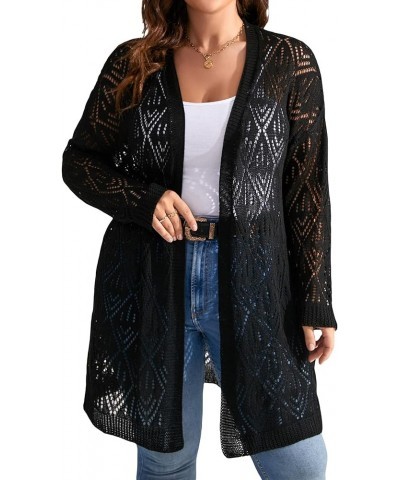 Women's Plus Size Long Sleeve Hollow Out Open Front Pointelle Knit Cardigan Sweater Black $14.96 Sweaters