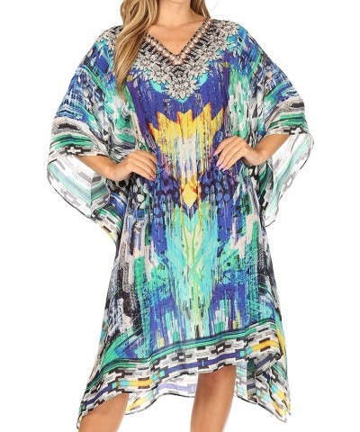 Miui Ligthweight Rhinestone V Neck Printed Short Caftan Dress/Cover Up Blue Multi $33.62 Swimsuits