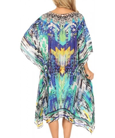 Miui Ligthweight Rhinestone V Neck Printed Short Caftan Dress/Cover Up Blue Multi $33.62 Swimsuits