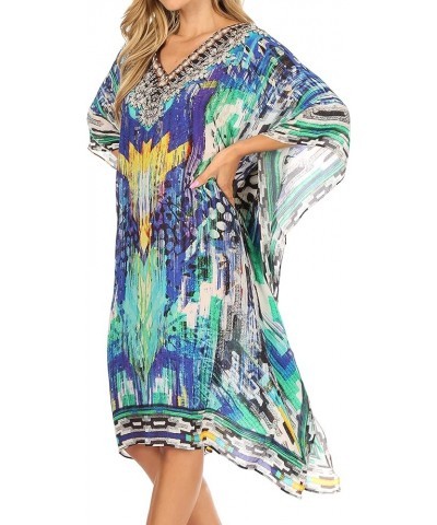 Miui Ligthweight Rhinestone V Neck Printed Short Caftan Dress/Cover Up Blue Multi $33.62 Swimsuits