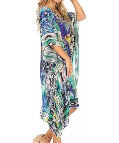 Miui Ligthweight Rhinestone V Neck Printed Short Caftan Dress/Cover Up Blue Multi $33.62 Swimsuits