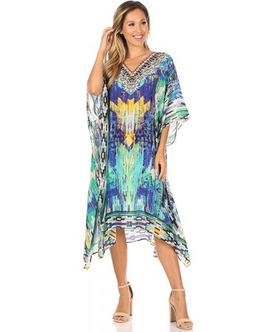 Miui Ligthweight Rhinestone V Neck Printed Short Caftan Dress/Cover Up Blue Multi $33.62 Swimsuits