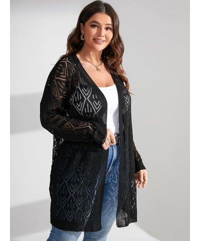 Women's Plus Size Long Sleeve Hollow Out Open Front Pointelle Knit Cardigan Sweater Black $14.96 Sweaters