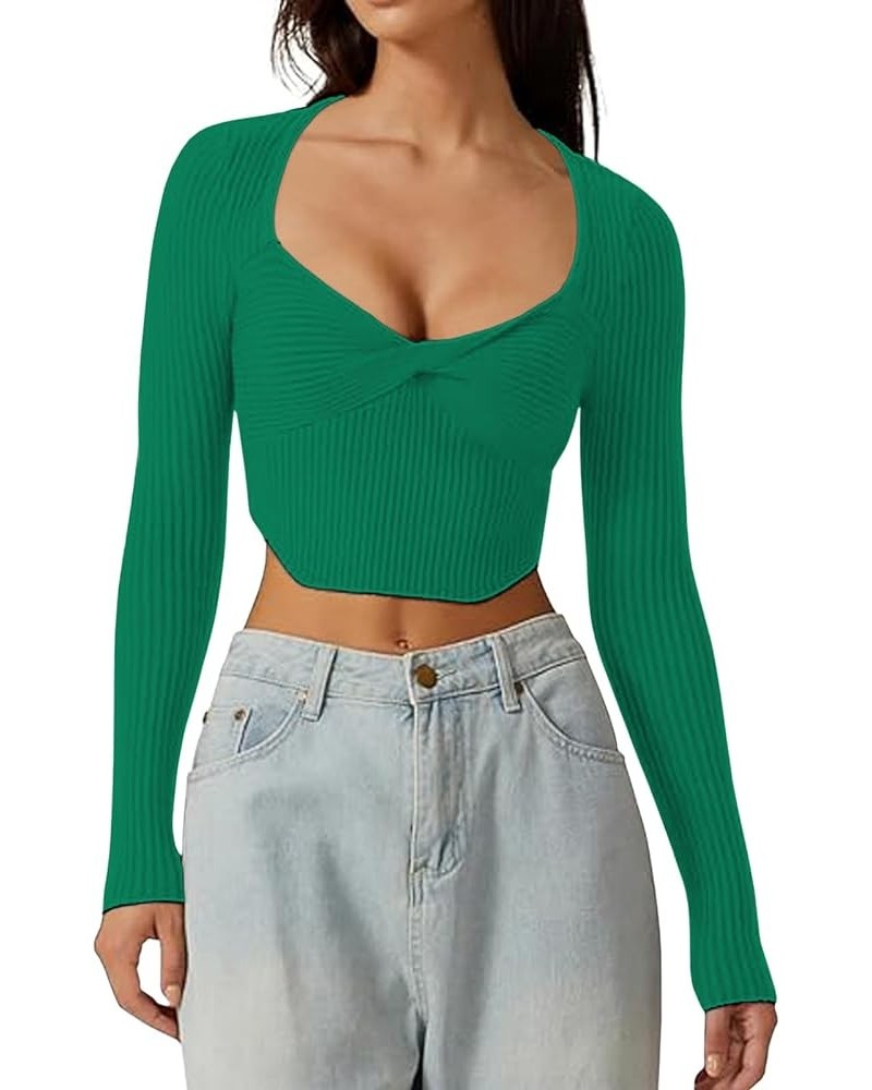 Womens Long Sleeve Sweetheart Neck Crop Top Twist Front Ribbed Knit Sweater Sexy Y2K Going Out Top Green $13.24 Sweaters