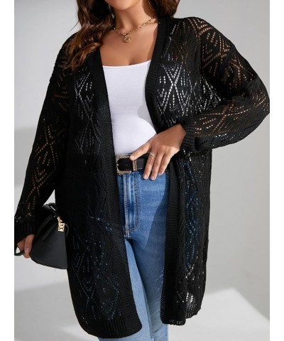 Women's Plus Size Long Sleeve Hollow Out Open Front Pointelle Knit Cardigan Sweater Black $14.96 Sweaters