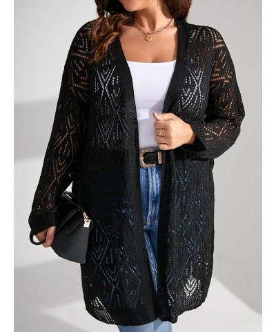 Women's Plus Size Long Sleeve Hollow Out Open Front Pointelle Knit Cardigan Sweater Black $14.96 Sweaters