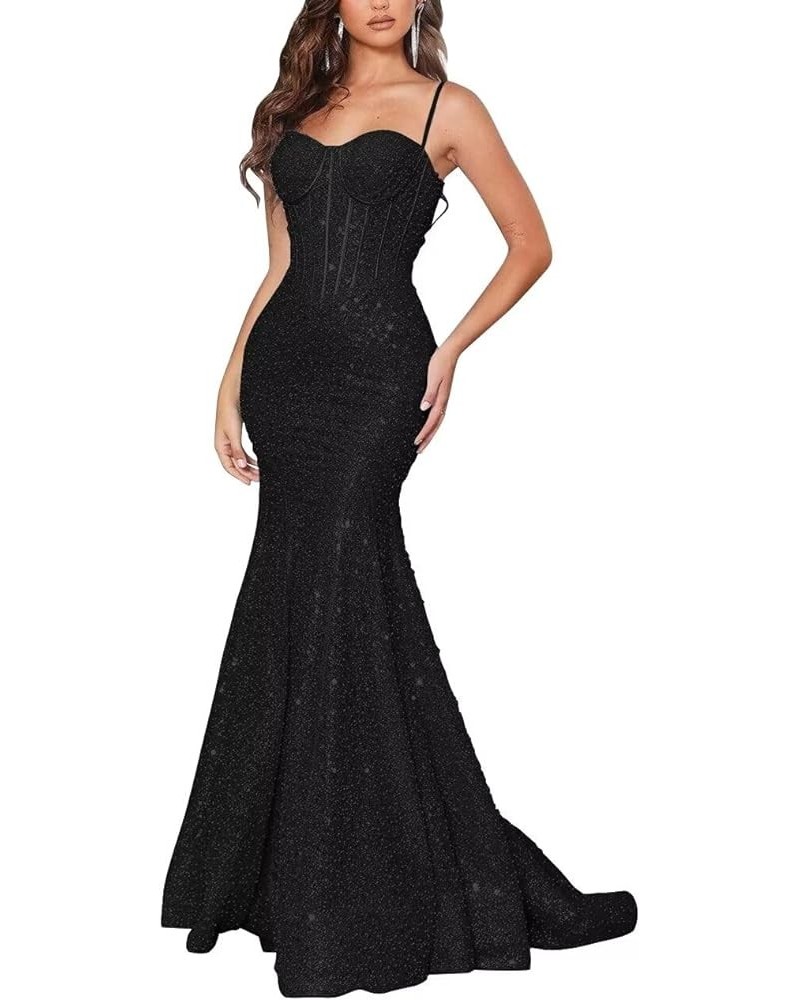 Women's Spaghetti Straps Sequin Prom Dresses Long Bodycon Corset Mermaid Sparkly Glitter Formal Evening Gowns Backless Black ...