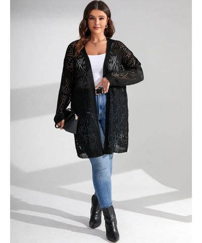 Women's Plus Size Long Sleeve Hollow Out Open Front Pointelle Knit Cardigan Sweater Black $14.96 Sweaters