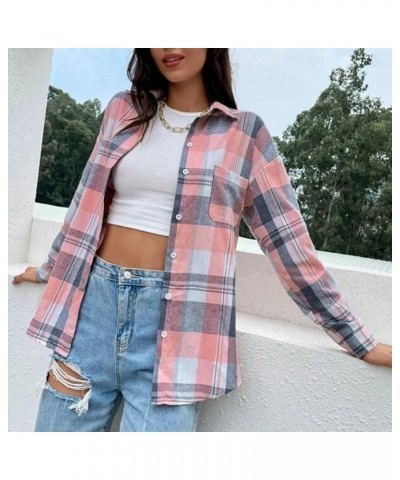 Women's Button up Flannel Shirts Long Sleeve Collared Plaid Shacket Work Blouses Casual Tops with Pocket for Fall Pink 3 $10....